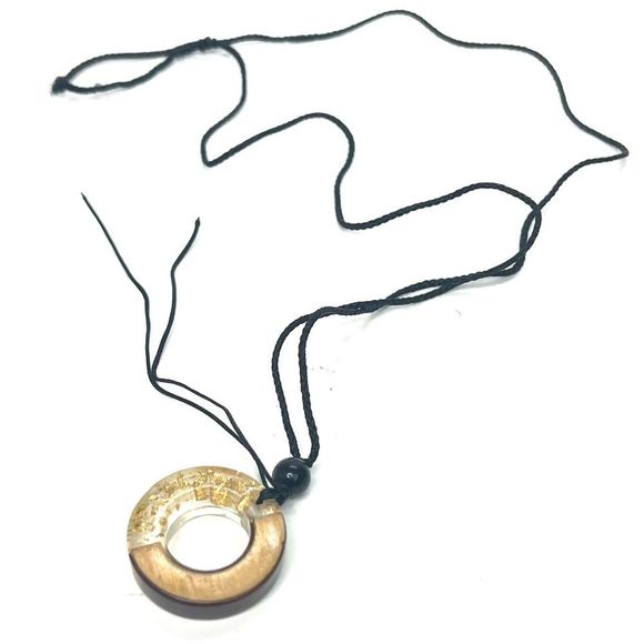 Other - Gold Resin + Wood Circle of Life Round Pendant Adjustable Black Rope Necklace
